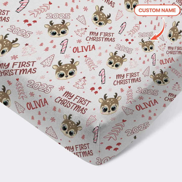 Custom Name Cute Reindeer My First Christmas Bamboo Fitted Crib Sheet