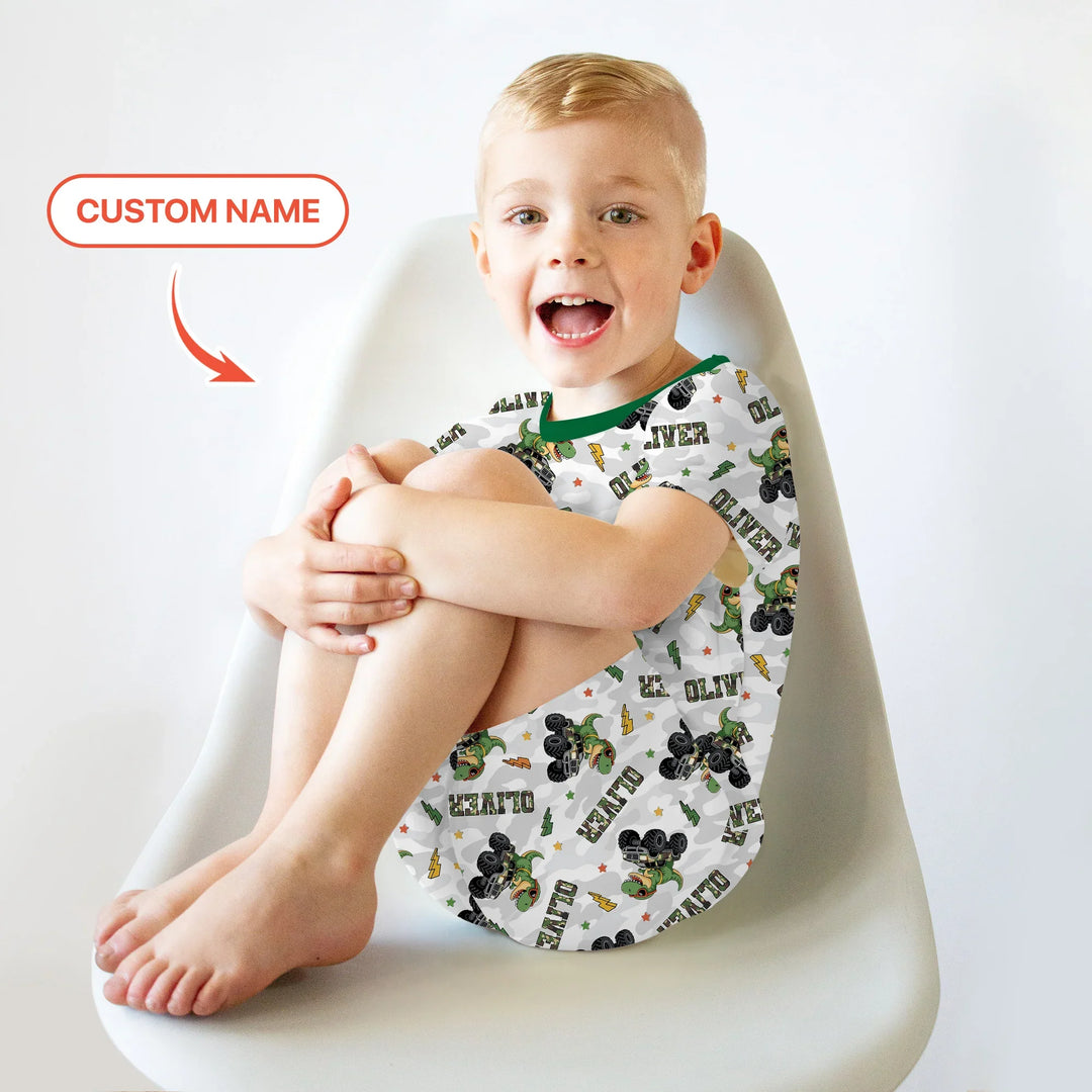 Custom Name Camo Trucker Dino Bamboo Two Piece Short Sleeve Shorts Pajama Set