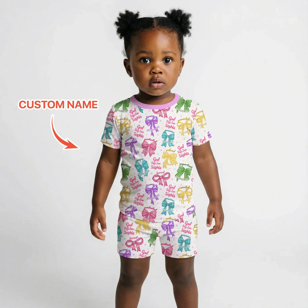 God Says I Am Bow Blessings Custom Name Bamboo Two Piece Short Sleeve Shorts Pajama Set