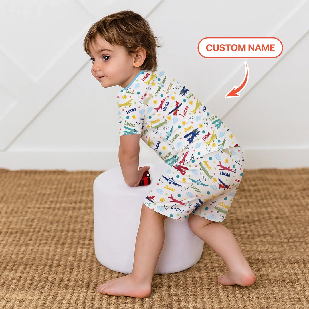 Custom Name Air Transport Bamboo Two Piece Short Sleeve Shorts Pajama Set