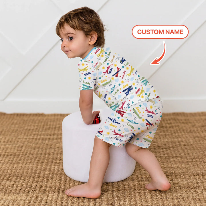 Custom Name Air Transport Bamboo Two Piece Short Sleeve Shorts Pajama Set