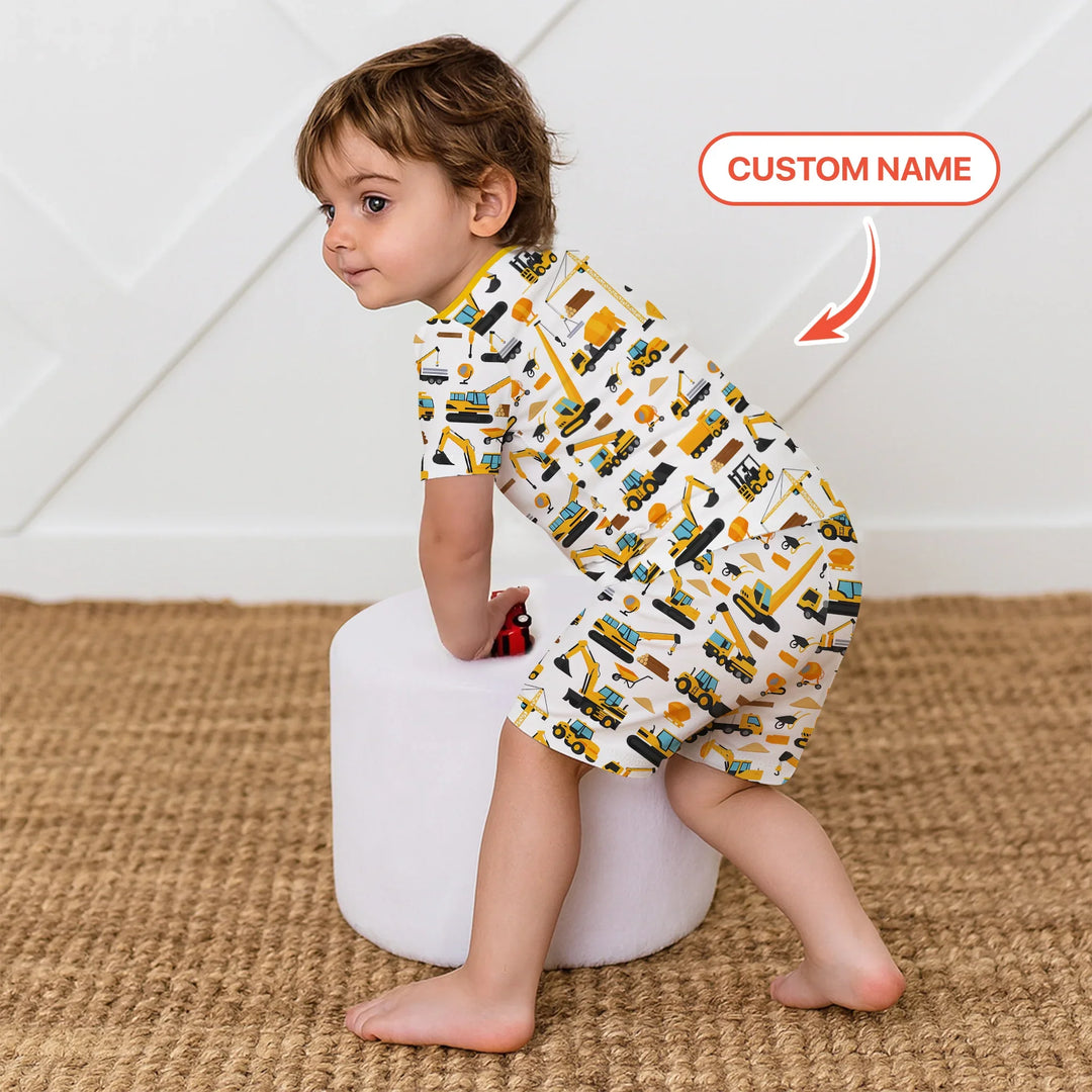 Custom Name Construction Initials Bamboo Two Piece Short Sleeve Shorts Pajama Set