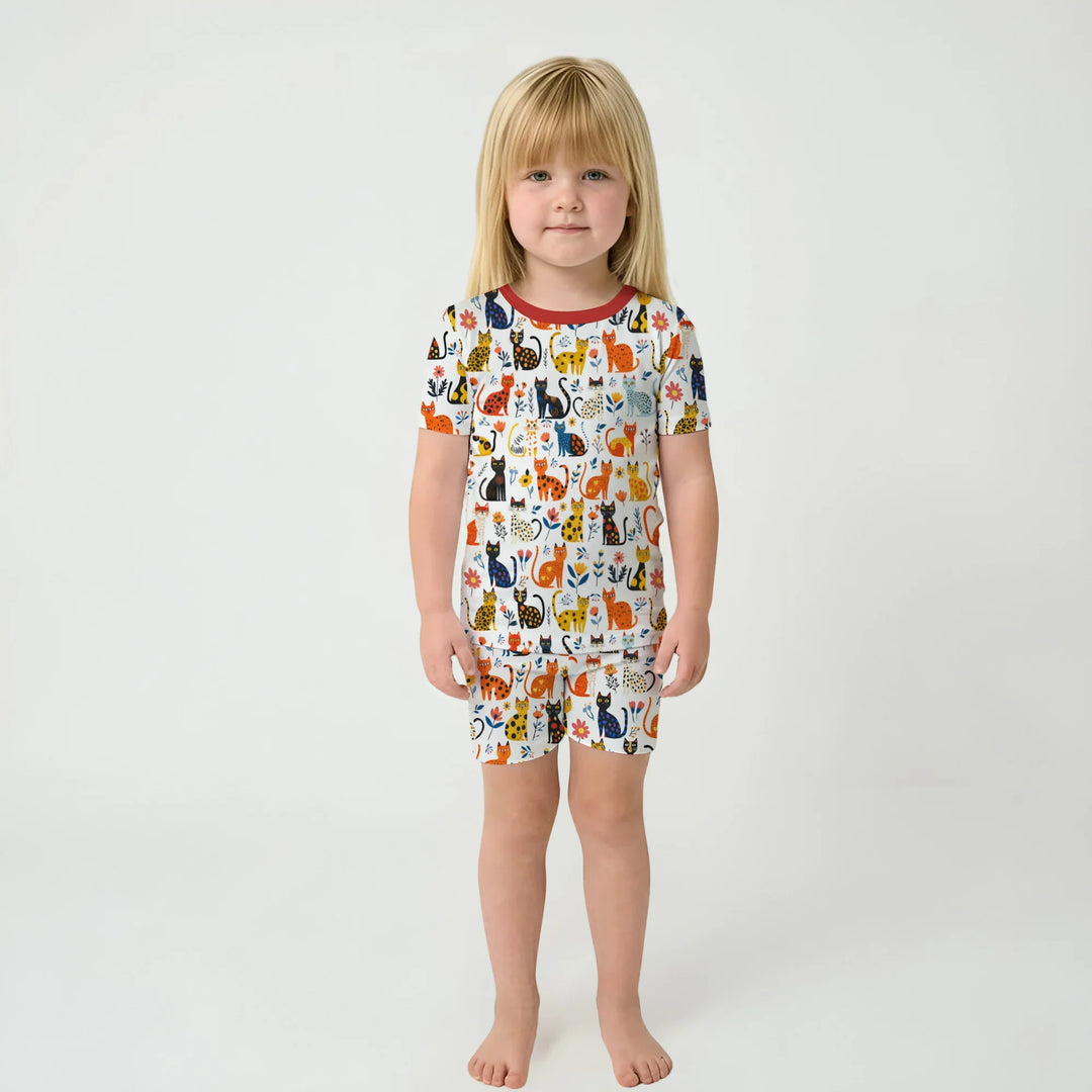Whimsy Woodland Cats Bamboo Two Piece Short Sleeve Shorts Pajama Set