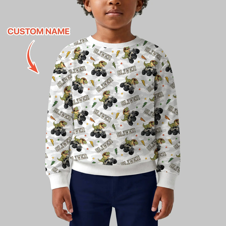 Custom Name Camo Trucker Dino Bamboo Crewneck Sweatshirt