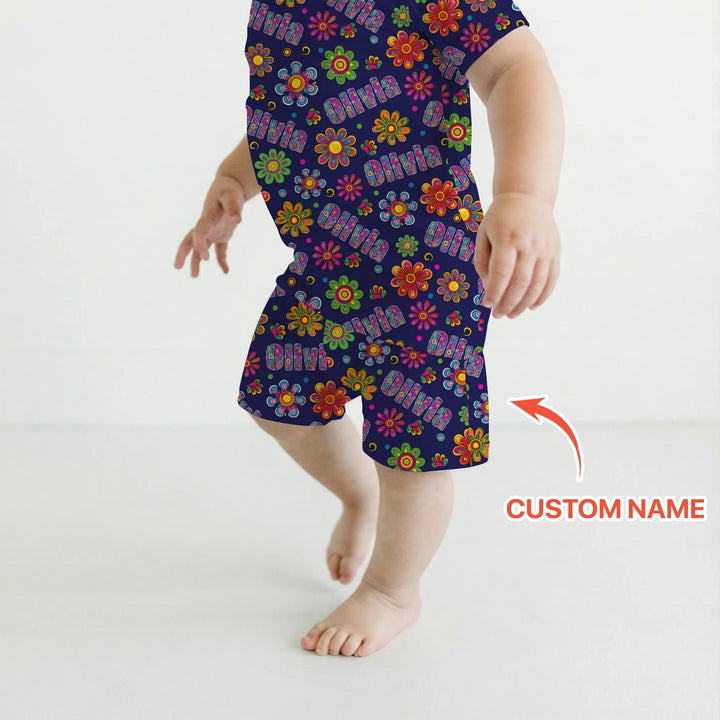 Custom Name Rainbow Hippie Flowers Bamboo Two Piece Short Sleeve Shorts Pajama Set