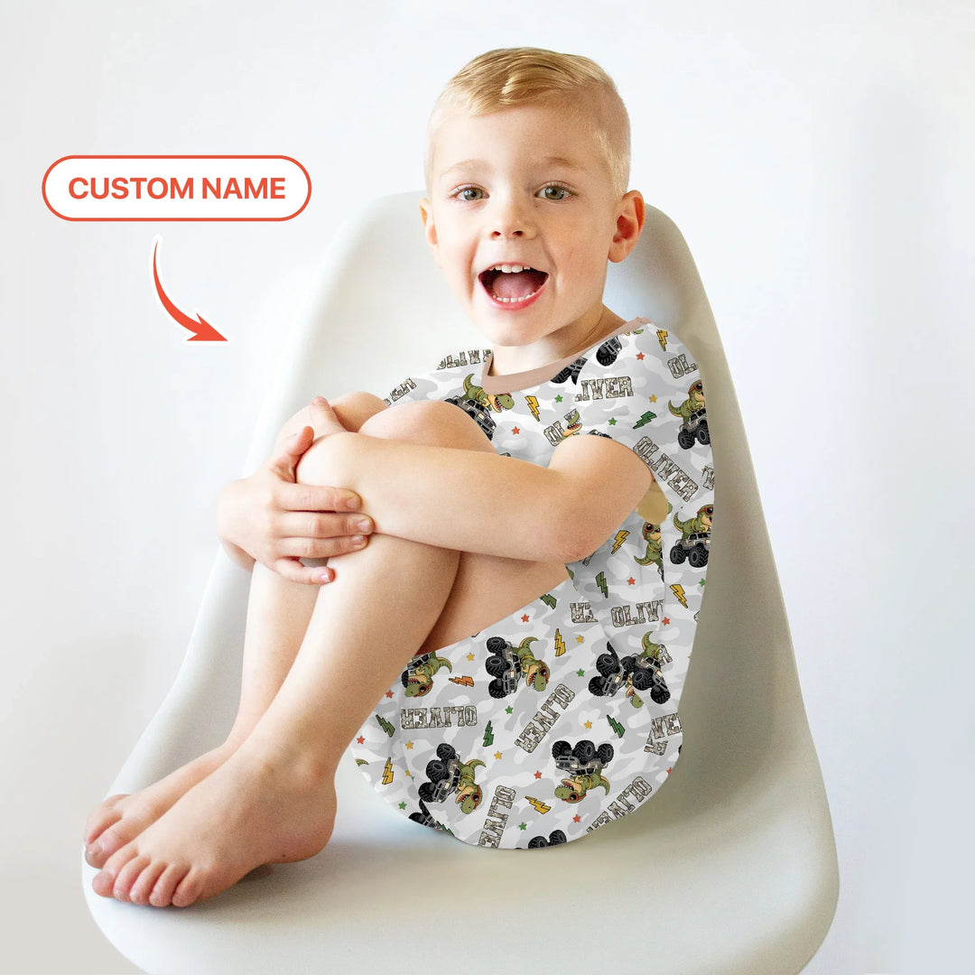 Custom Name Camo Trucker Dino Bamboo Two Piece Short Sleeve Shorts Pajama Set