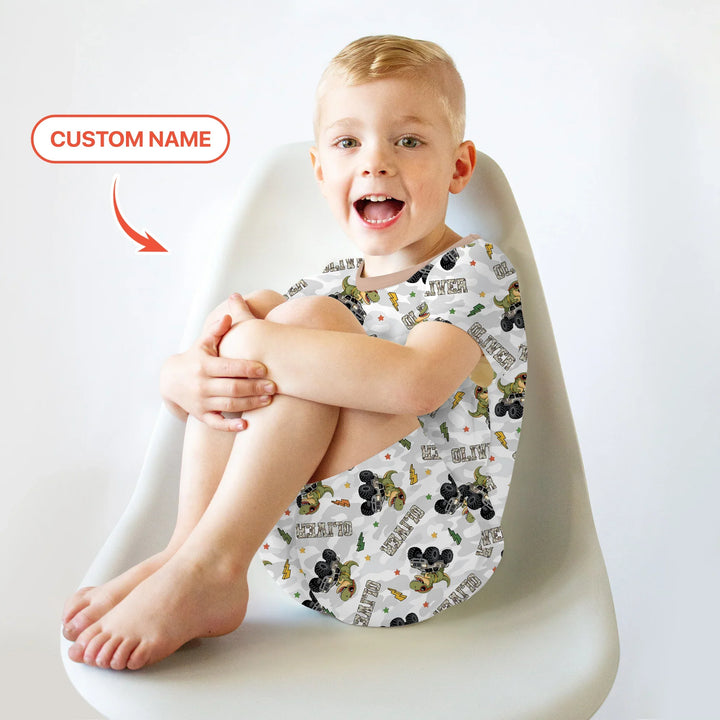 Custom Name Camo Trucker Dino Bamboo Two Piece Short Sleeve Shorts Pajama Set