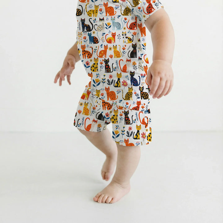 Whimsy Woodland Cats Bamboo Two Piece Short Sleeve Shorts Pajama Set