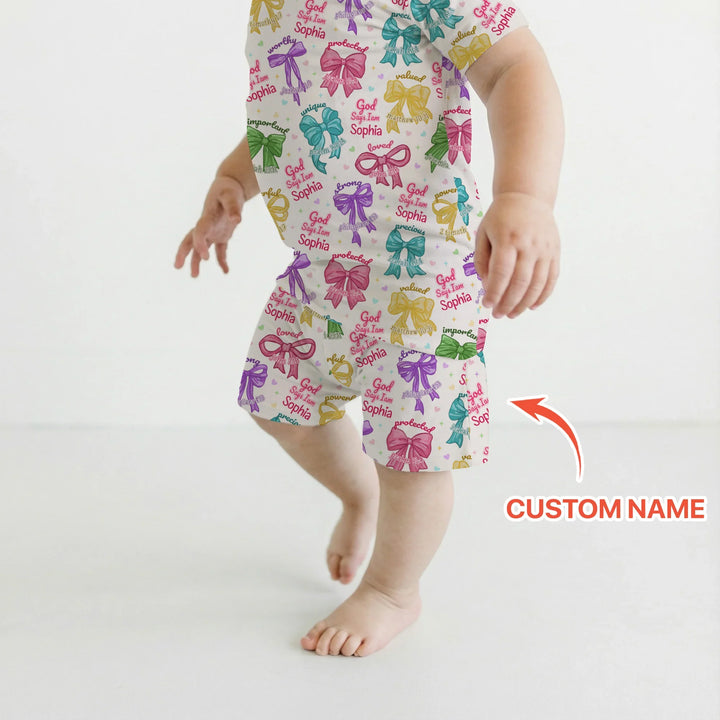 God Says I Am Bow Blessings Custom Name Bamboo Two Piece Short Sleeve Shorts Pajama Set