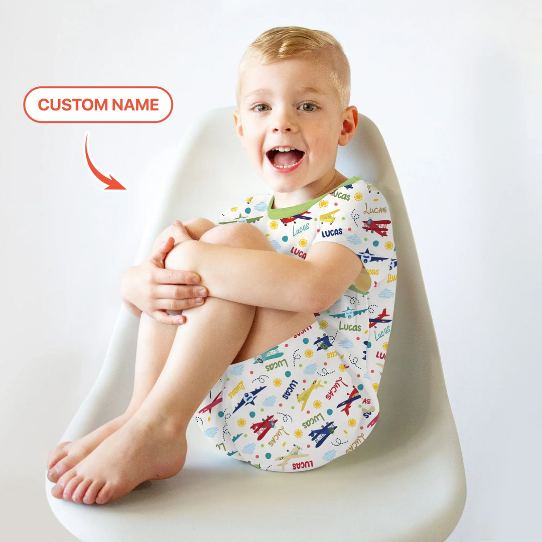 Custom Name Air Transport Bamboo Two Piece Short Sleeve Shorts Pajama Set