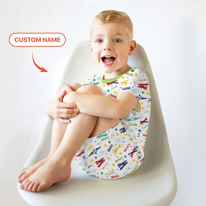 Custom Name Air Transport Bamboo Two Piece Short Sleeve Shorts Pajama Set