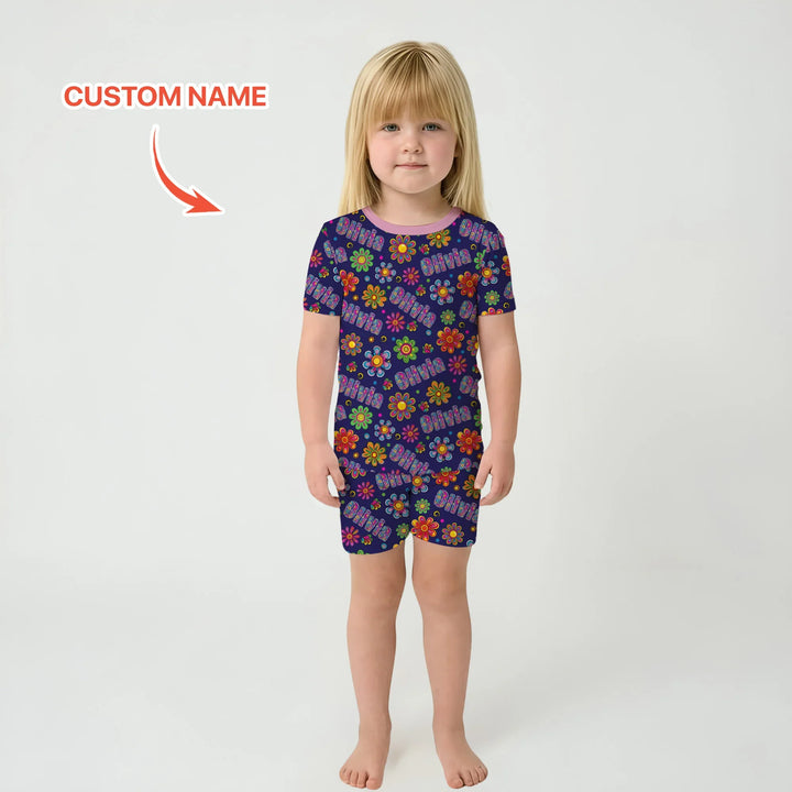 Custom Name Rainbow Hippie Flowers Bamboo Two Piece Short Sleeve Shorts Pajama Set