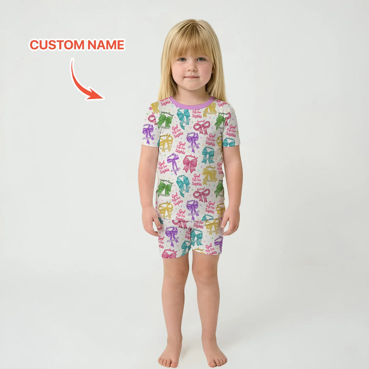 God Says I Am Bow Blessings Custom Name Bamboo Two Piece Short Sleeve Shorts Pajama Set