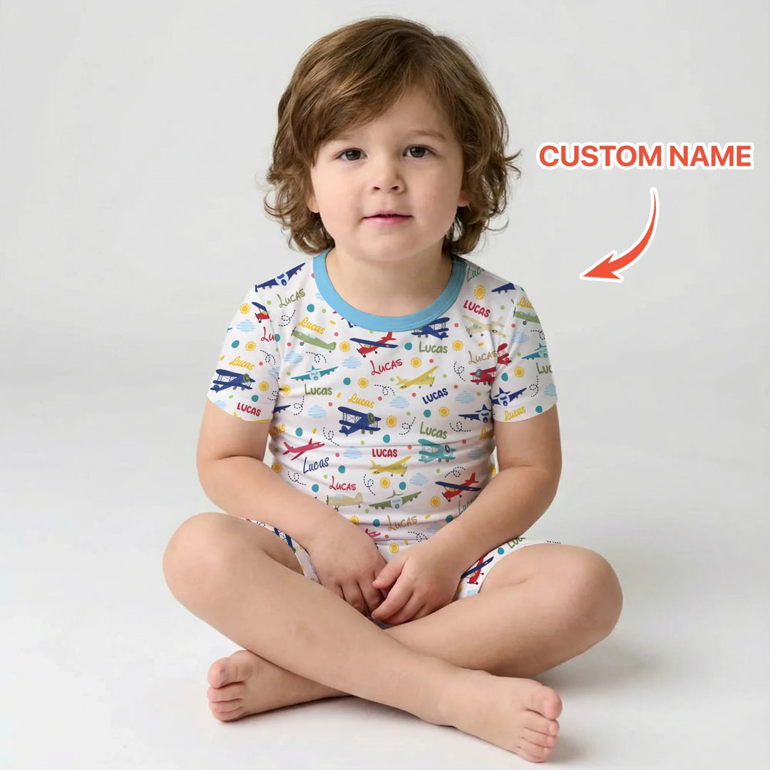 Custom Name Air Transport Bamboo Two Piece Short Sleeve Shorts Pajama Set