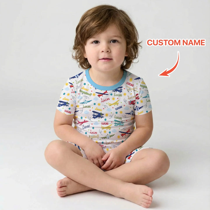 Custom Name Air Transport Bamboo Two Piece Short Sleeve Shorts Pajama Set