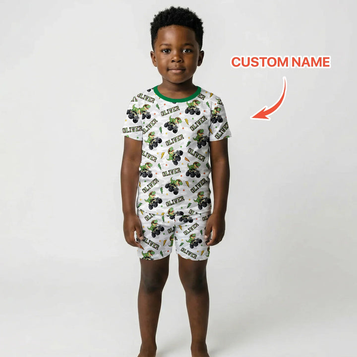 Custom Name Camo Trucker Dino Bamboo Two Piece Short Sleeve Shorts Pajama Set