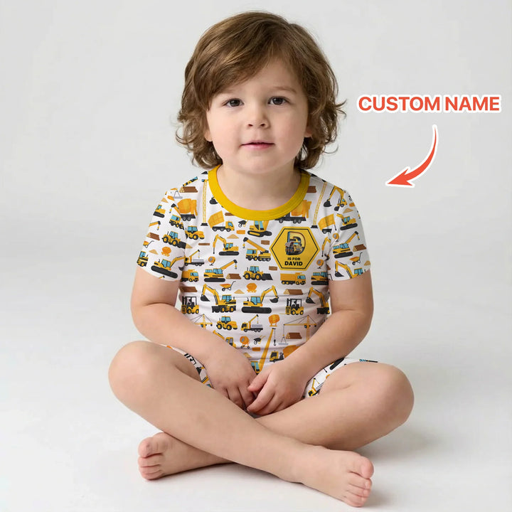 Custom Name Construction Initials Bamboo Two Piece Short Sleeve Shorts Pajama Set