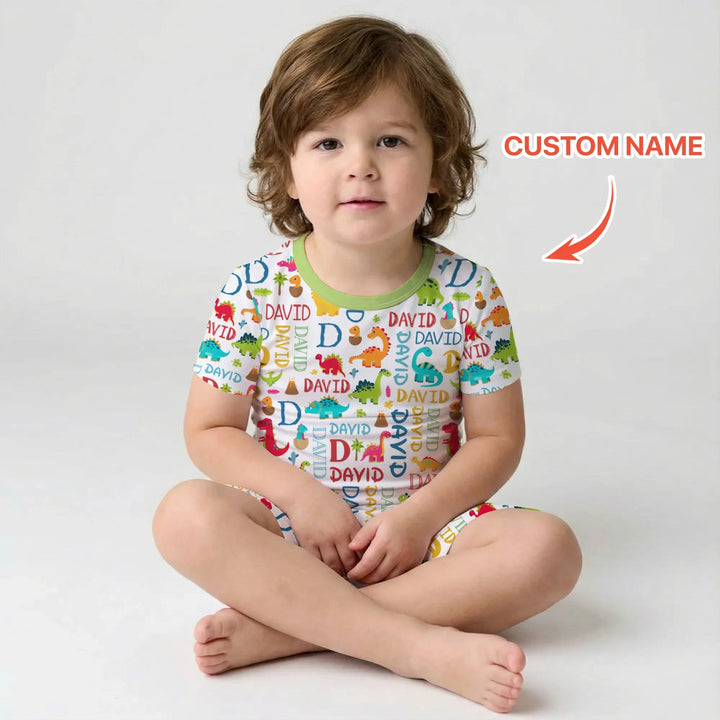 Personalized Fantasy Dinosaur Word Bamboo Two Piece Short Sleeve Shorts Pajama Set