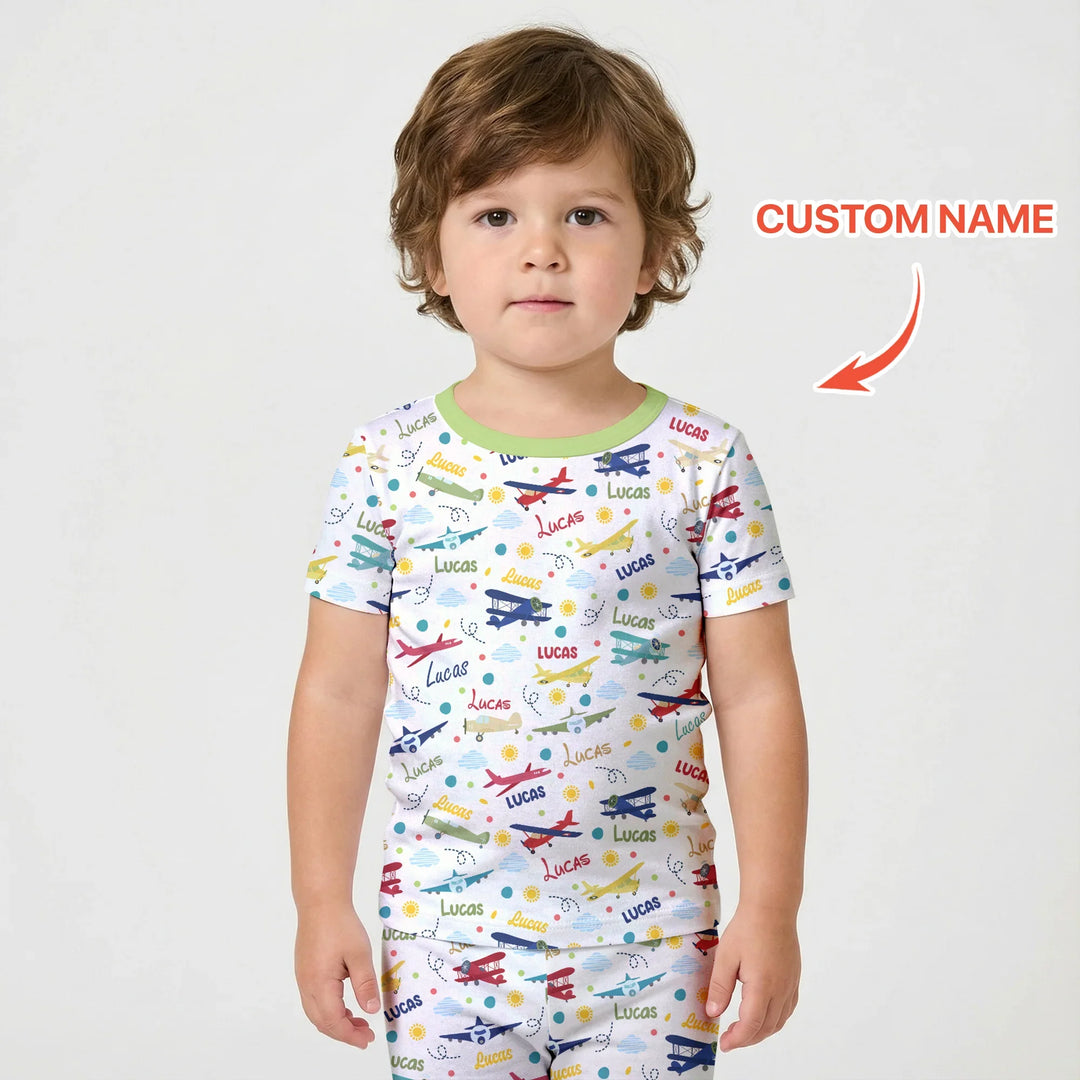 Custom Name Air Transport Bamboo Two Piece Short Sleeve Shorts Pajama Set