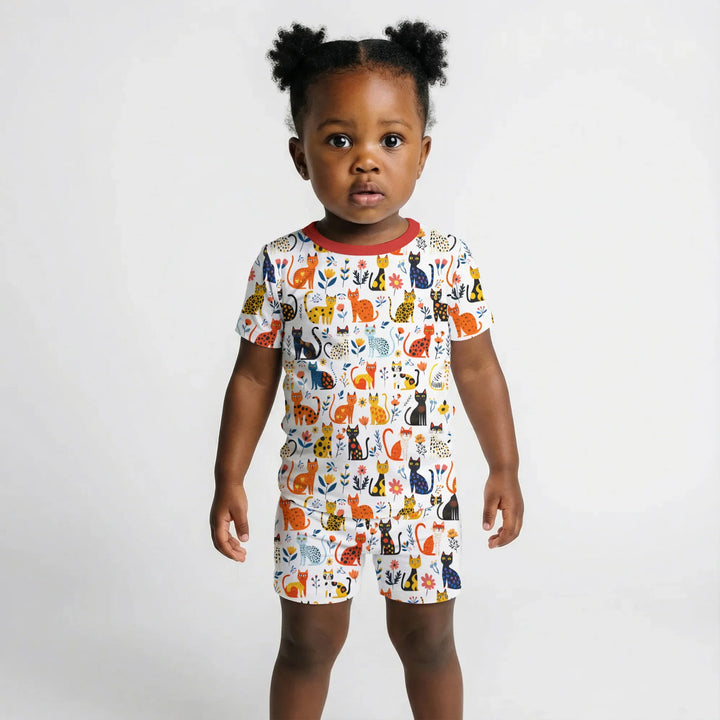 Whimsy Woodland Cats Bamboo Two Piece Short Sleeve Shorts Pajama Set