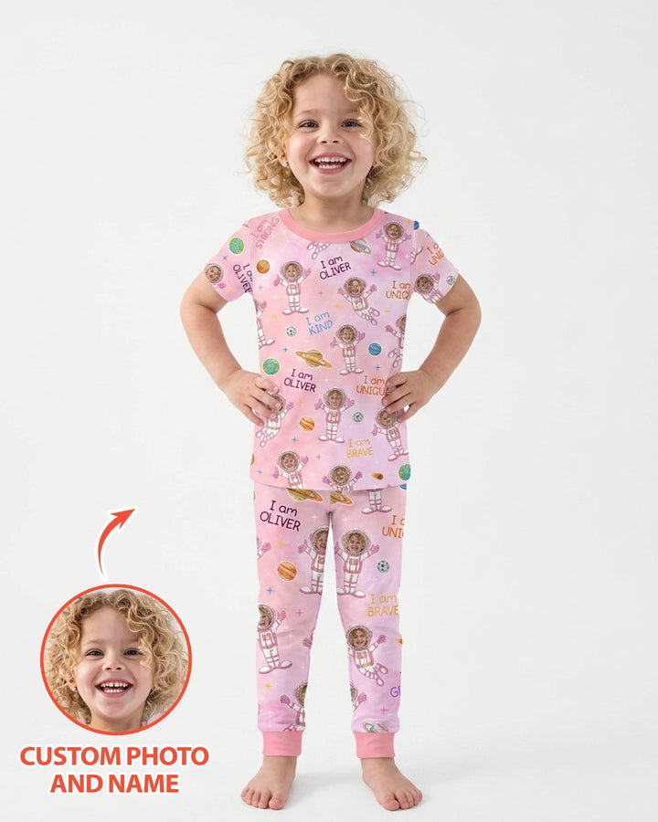 Custom Photo Kid Affirmations I Am Kind Astronaut Bamboo Two Piece Short Sleeve Shorts Pajama Set