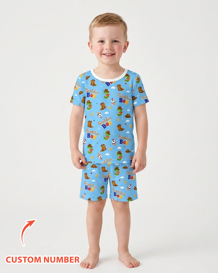 Custom Birthday Western Boy Bamboo Two Piece Short Sleeve Shorts Pajama Set