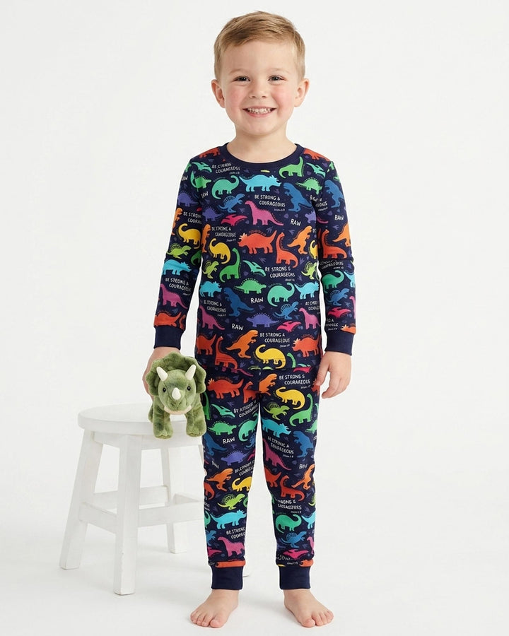 Be Strong and Courageous Dinosaur Christian Bamboo Two Piece Long Sleeve Pajama Set