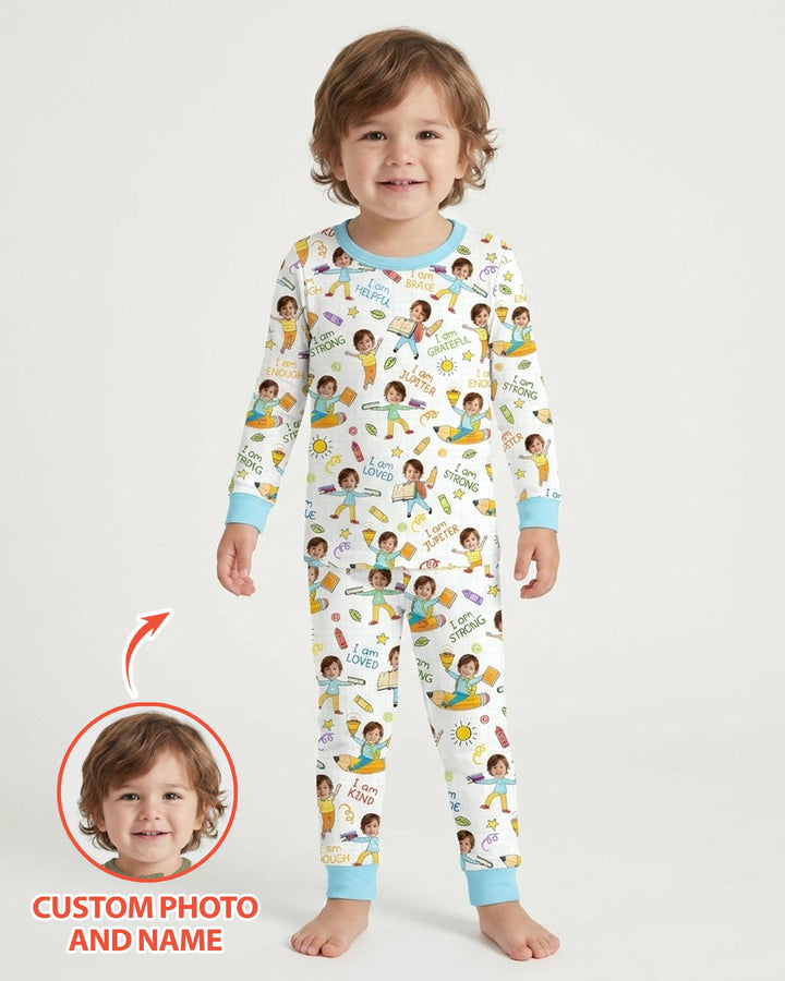 Custom Photo Kid Affirmations I Am Kind Bamboo Two Piece Long Sleeve Pajama Set