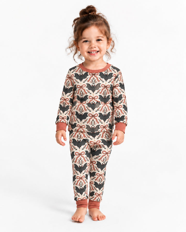 Gothic Bow Floral Bat Vintage Halloween Bamboo Two Piece Long Sleeve Pajama Set