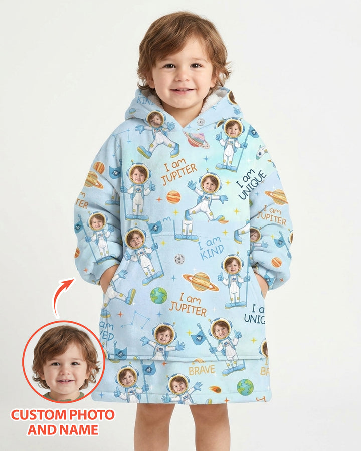 Custom Photo Kid Affirmations I Am Kind Astronaut Bamboo Blanket Hoodie