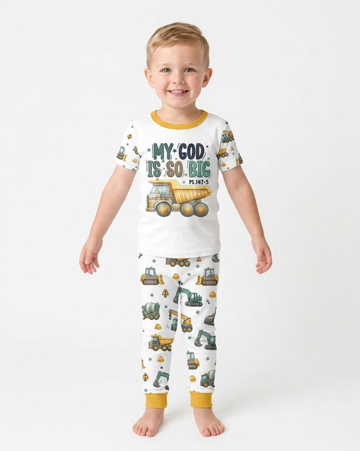 Construction Vehicles My God Is So Big Bamboo Two Piece Short Sleeve Pajama Set