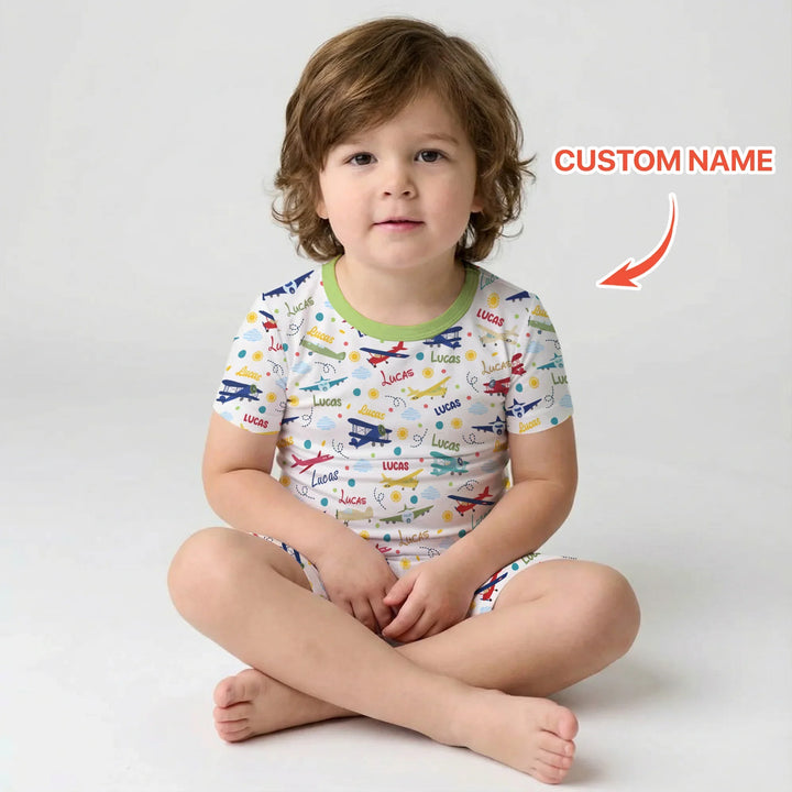 Custom Name Air Transport Bamboo Two Piece Short Sleeve Shorts Pajama Set