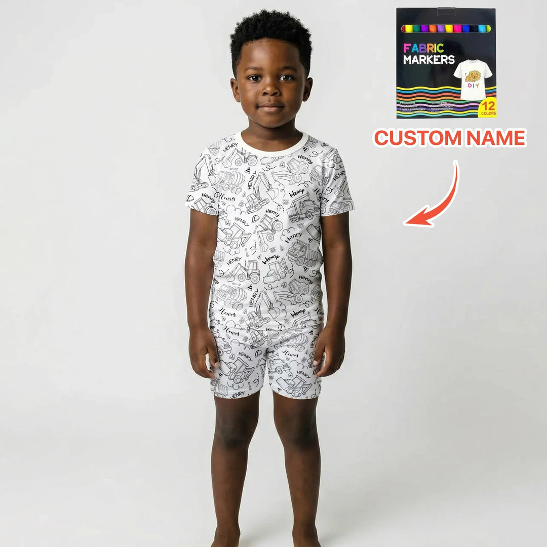 Construction Vehicules Custom Name Colorable Two Piece Short Sleeve Shorts Pajama