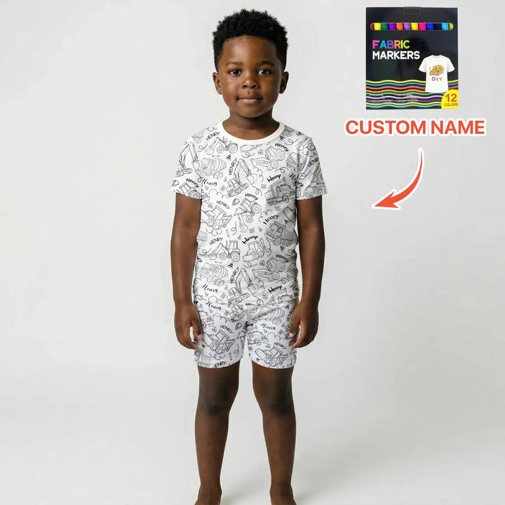 Construction Vehicules Custom Name Colorable Two Piece Short Sleeve Shorts Pajama