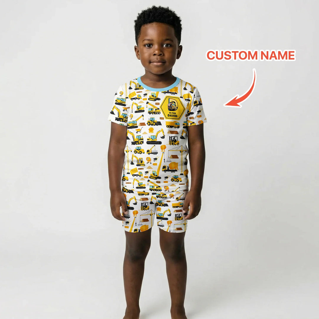 Custom Name Construction Initials Bamboo Two Piece Short Sleeve Shorts Pajama Set