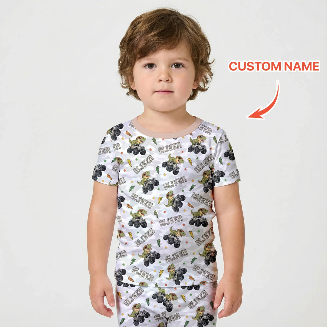 Custom Name Camo Trucker Dino Bamboo Two Piece Short Sleeve Shorts Pajama Set