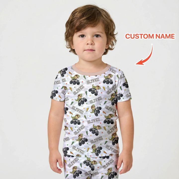 Custom Name Camo Trucker Dino Bamboo Two Piece Short Sleeve Shorts Pajama Set
