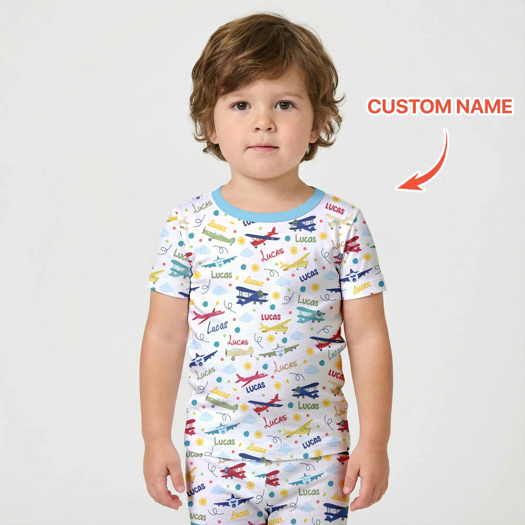 Custom Name Air Transport Bamboo Two Piece Short Sleeve Shorts Pajama Set