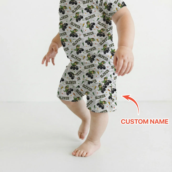 Custom Name Camo Trucker Dino Bamboo Two Piece Short Sleeve Shorts Pajama Set
