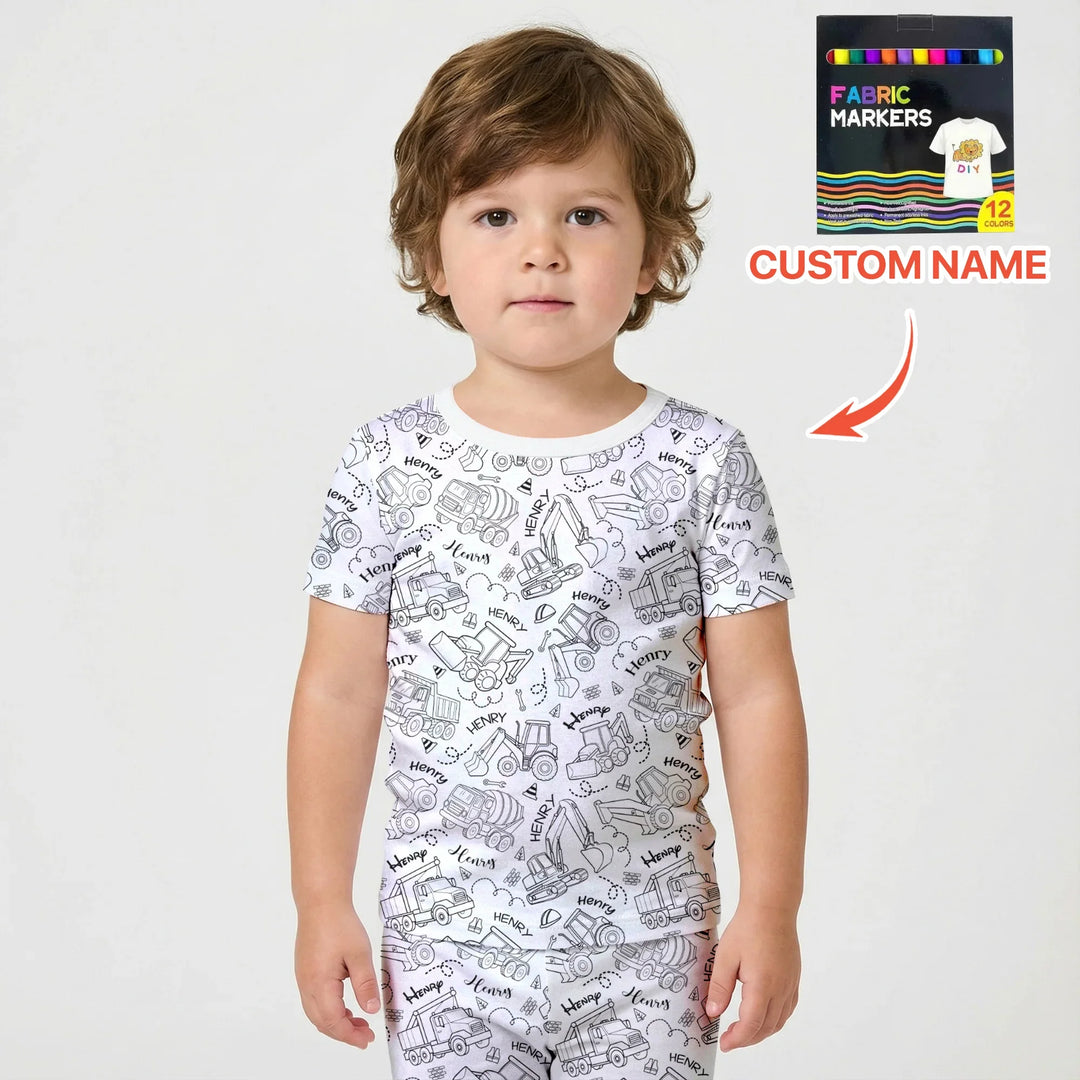 Construction Vehicules Custom Name Colorable Two Piece Short Sleeve Shorts Pajama