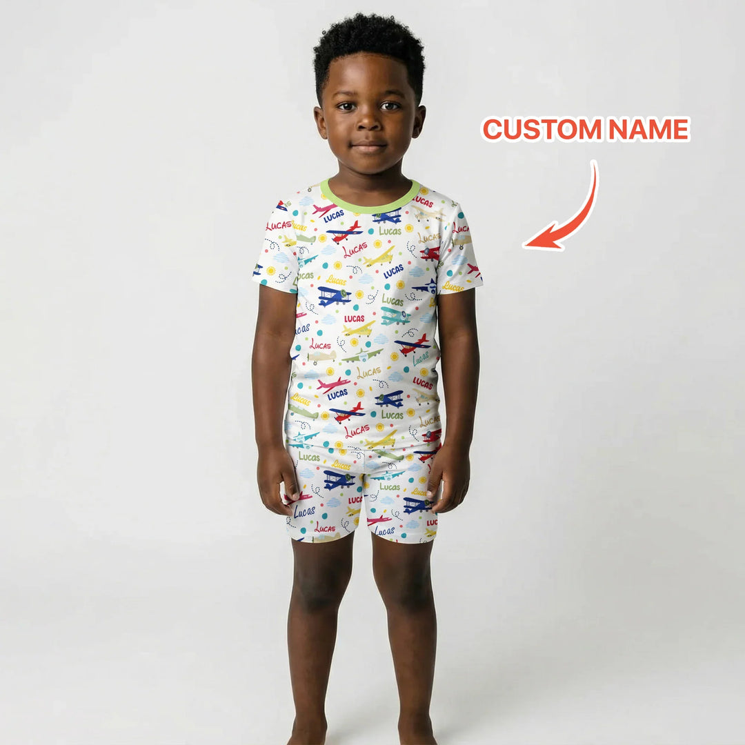 Custom Name Air Transport Bamboo Two Piece Short Sleeve Shorts Pajama Set