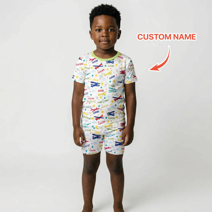 Custom Name Air Transport Bamboo Two Piece Short Sleeve Shorts Pajama Set