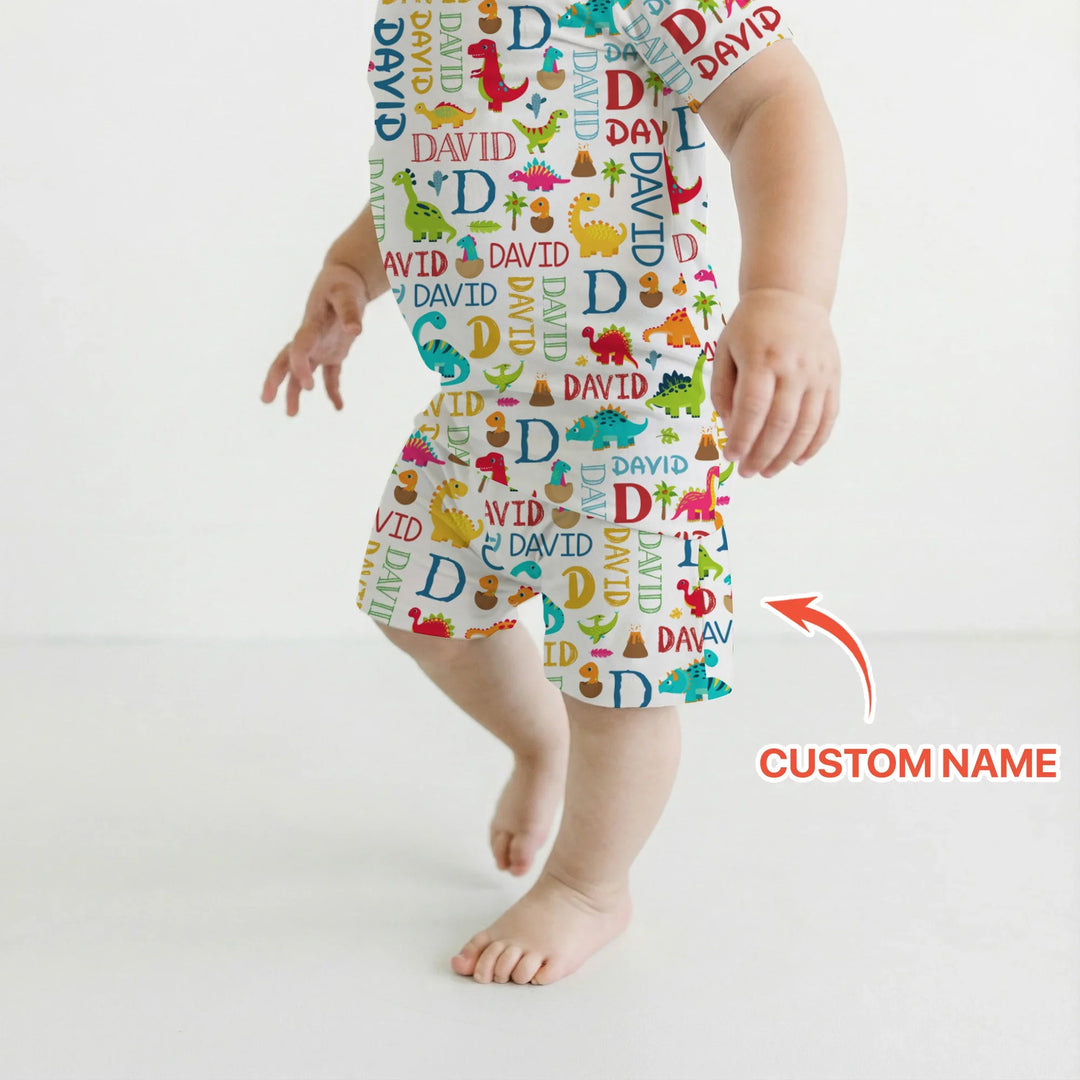 Personalized Fantasy Dinosaur Word Bamboo Two Piece Short Sleeve Shorts Pajama Set