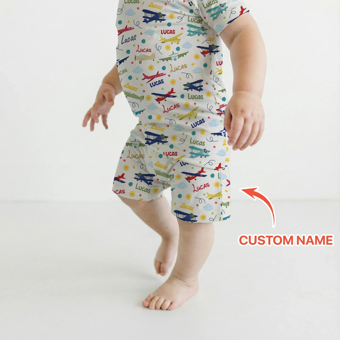 Custom Name Air Transport Bamboo Two Piece Short Sleeve Shorts Pajama Set