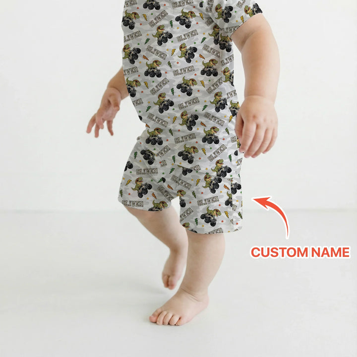 Custom Name Camo Trucker Dino Bamboo Two Piece Short Sleeve Shorts Pajama Set