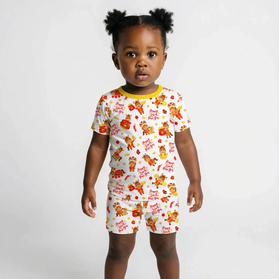 Year of the Horse Bamboo Two Piece Short Sleeve Shorts Pajama Set