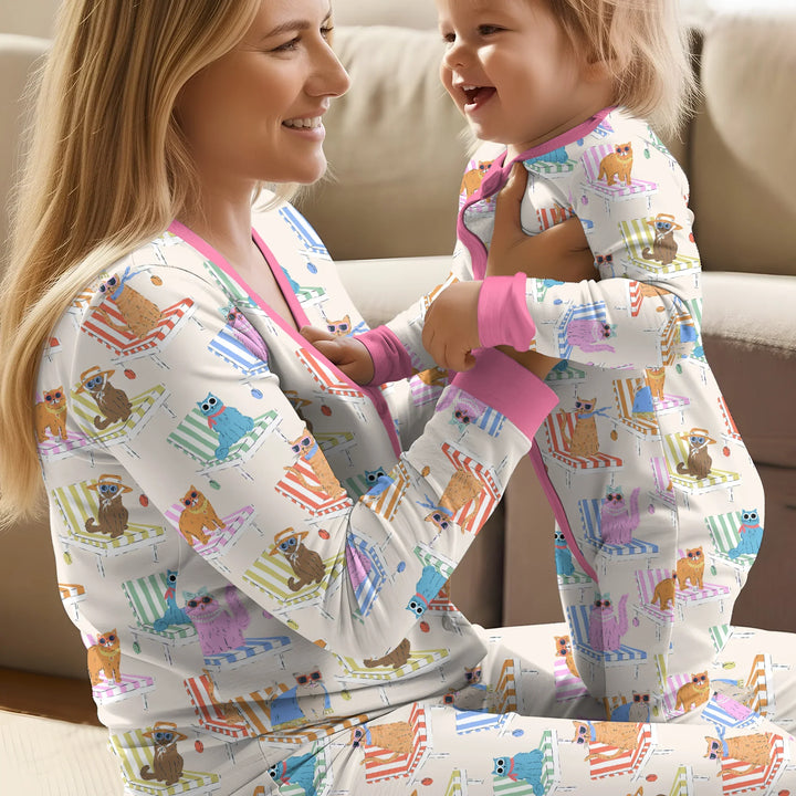 Meow Sunbathing Mommy & Me Matching Bamboo Women Pajama Set