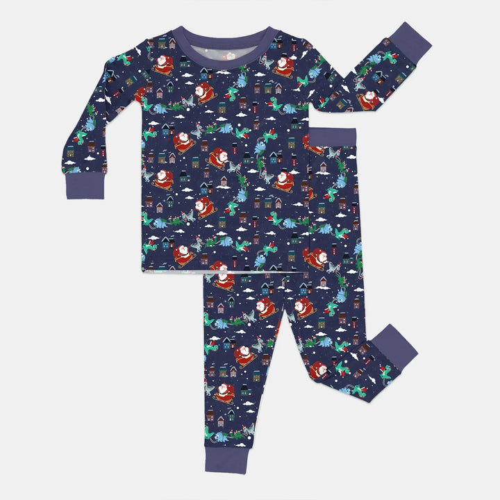 Dinosaurs Santa's sleigh Bamboo Two Piece Long Sleeve Pajama Set