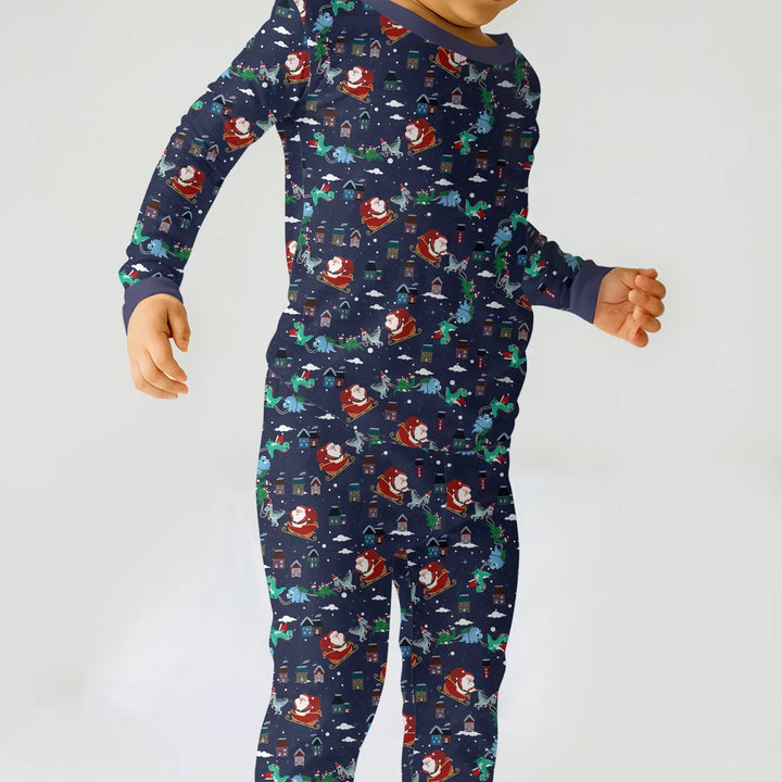 Dinosaurs Santa's sleigh Bamboo Two Piece Long Sleeve Pajama Set