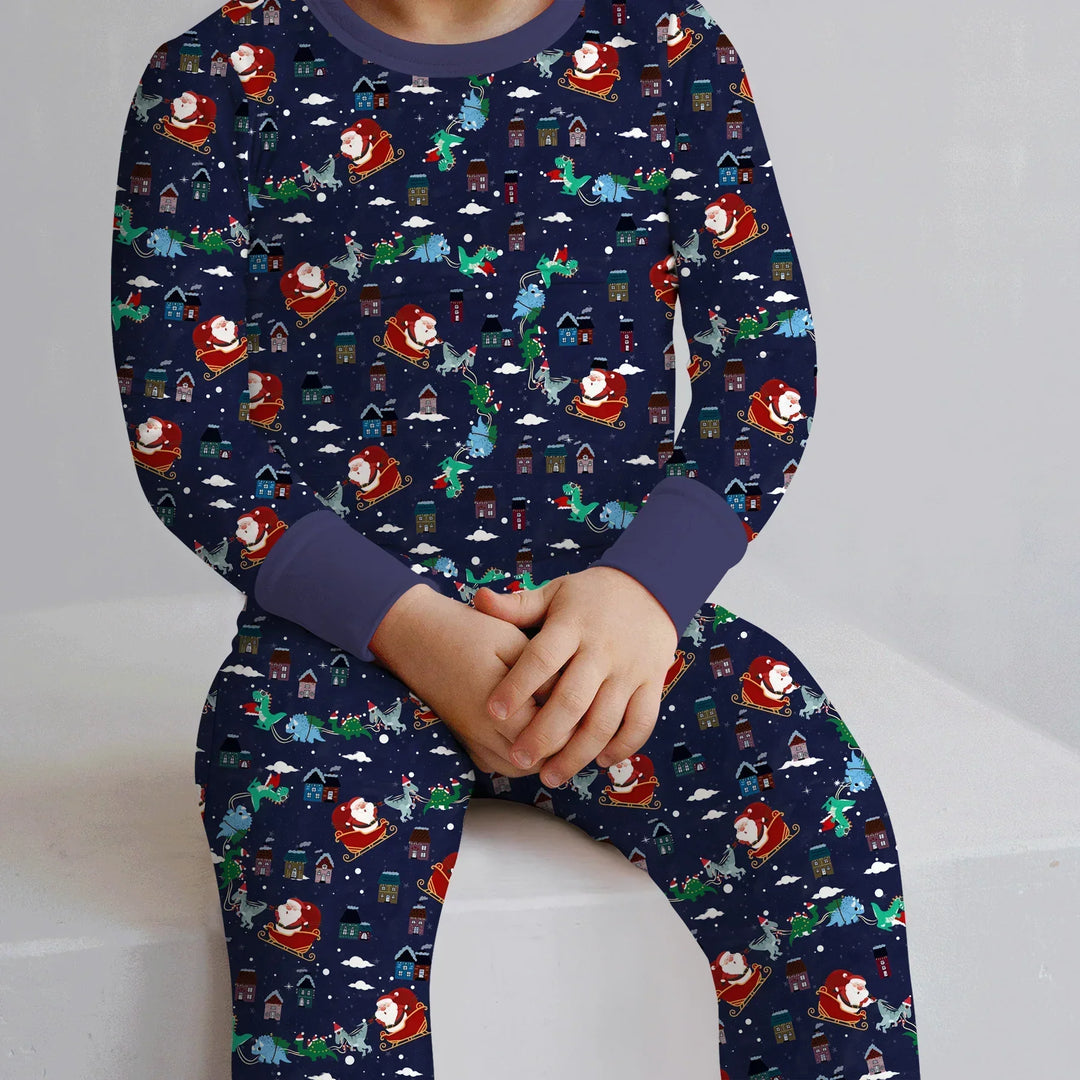 Dinosaurs Santa's sleigh Bamboo Two Piece Long Sleeve Pajama Set